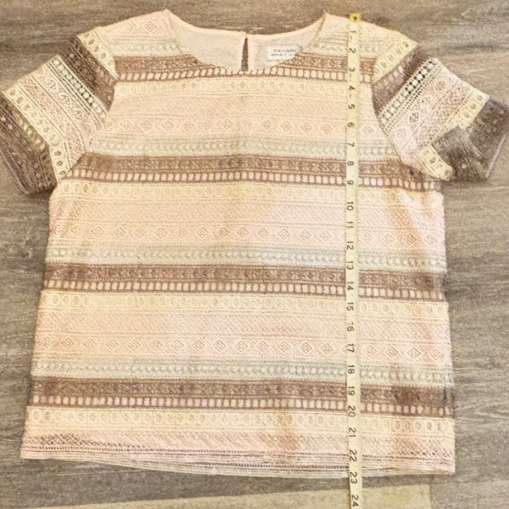 Tahari Arthur S Levine Womens Size 8 Pink Brown Lace Stripe Blouse Short Sleeve - Picture 5 of 9